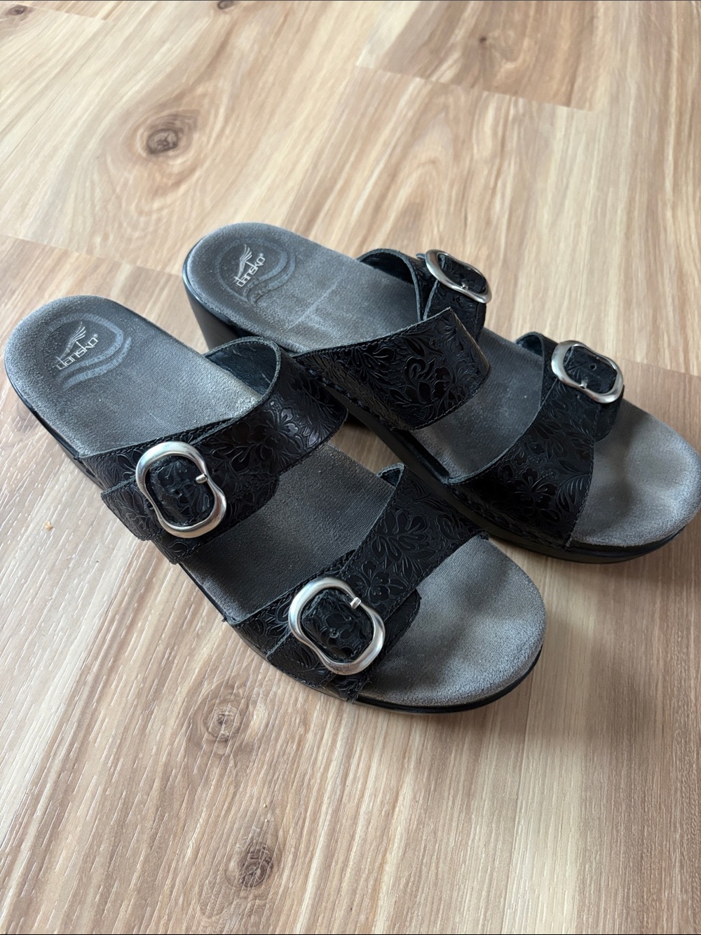 Dansko Black Embossed Leather Double Buckle Slide Mules